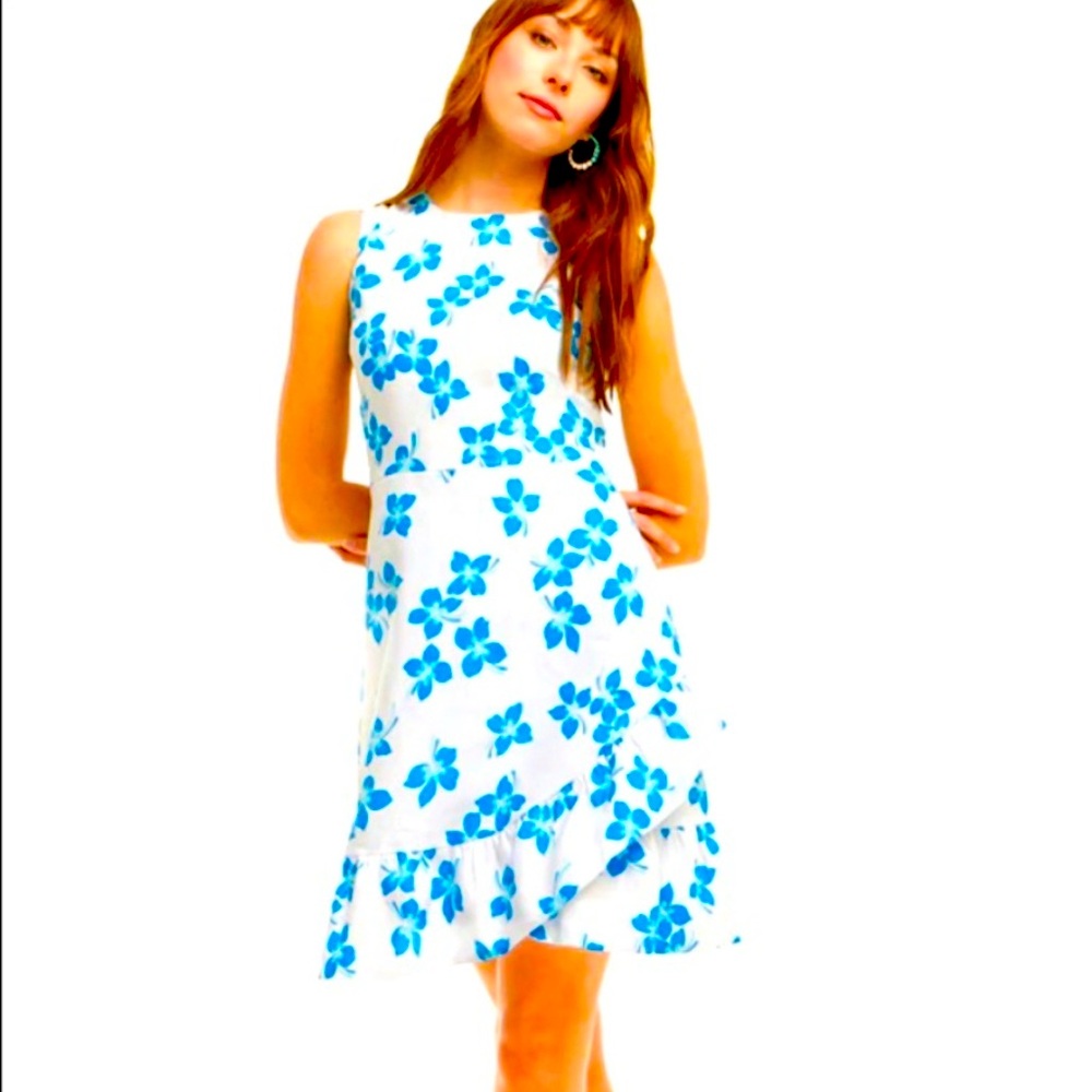 Draper James Linen Dress w/ Faux Wrapped Ruffled Flounce, EUC, size 14